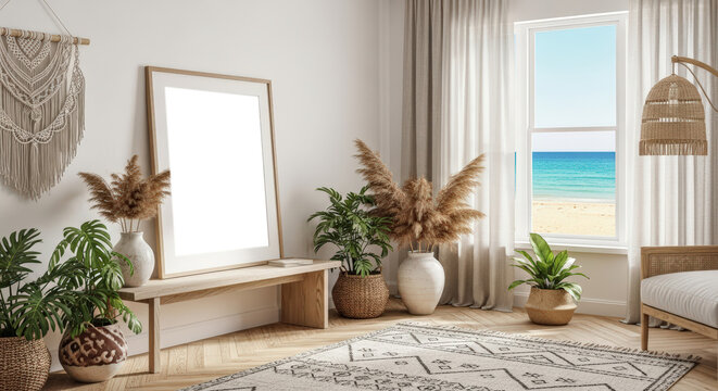 Bohemian Living Room with Coastal View Natural Light and Macrame Decor - Powered by Adobe