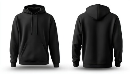 black hoodie hoody vector design template isolated on white background, front and back view. . vector illustration of black sweatshirt with hood for men or women fashion mockup template