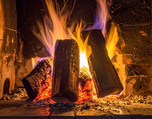 Close-up of burning firewood in a brick fireplace, with fiery flames