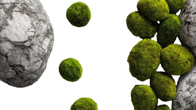 Green moss balls and textured natural stones arranged on dark background creating organic botanical layout isolated on white background