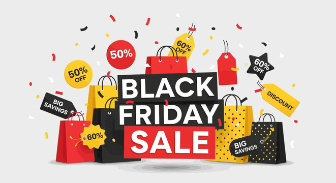 Black Friday Sale: A vibrant and dynamic display of shopping bags, price tags, and promotional elements heralding the exciting Black Friday sale. Showcasing significant discounts and enticing offers