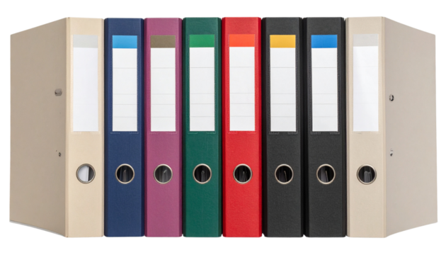 Front View of a Row of Assorted Colorful Lever Arch Binders Isolated on Transparent Background