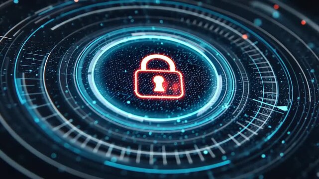 Digital lock symbolizing cybersecurity, surrounded by abstract data patterns and glowing elements