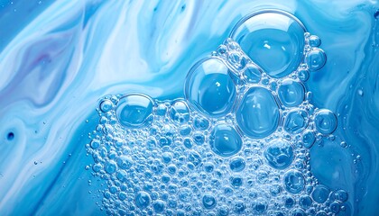 Close-up view of clear, translucent bubbles with liquid background