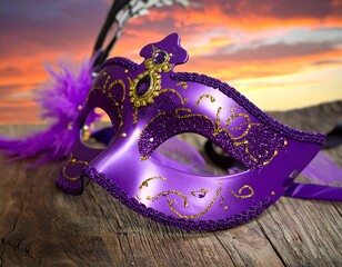 Close-up of a purple masquerade mask on weathered wooden planks