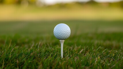 Golf ball on tee close up for sport and recreation in green grass course outdoors day time