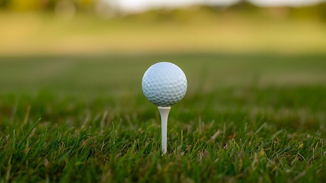 Golf ball on tee close up for sport and recreation in green grass course outdoors day time