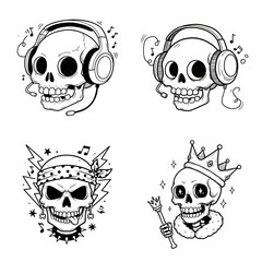 A set of four unique skull illustrations in cartoon engraving style, each with different accessories like headphones, bandana, and royal crown.