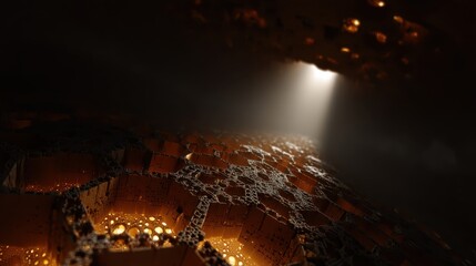 Abstract orange landscape with glowing patterns and dark shadows