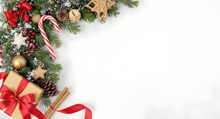 Christmas border featuring snow-dusted pine boughs, candy canes, gold ornaments, red berries, cinnamon sticks, and a gold-wrapped gift with a red ribbon on a white background for holiday design.