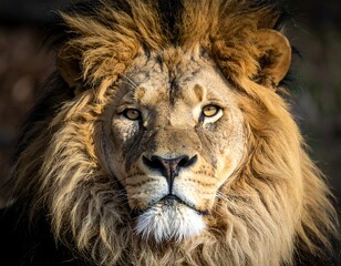 Close-up of a regal lion with a full mane, intense gaze