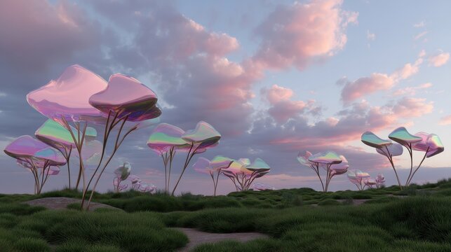 Surreal Landscape with Colorful Trees Under Cloudy Sky at Dusk