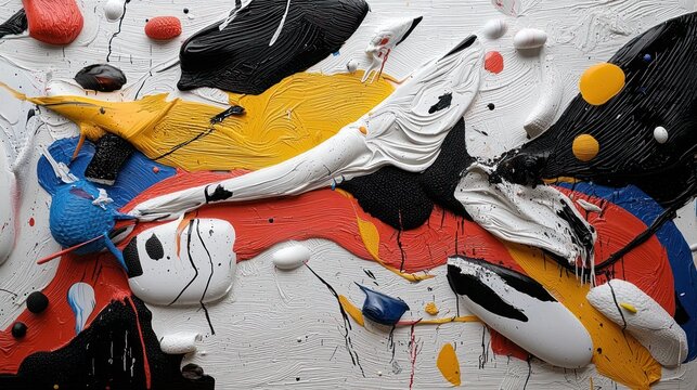 A close-up of a textural painting with layered, vibrant colors. Thick strokes create dynamic shapes, flowing across a white surface