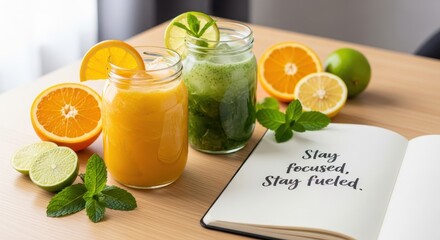 Healthy Drinks in Jars with Fresh Fruit and Motivational Notebook
