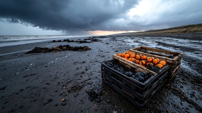 Stormy beach scene features boxes filled with objects washed ashore, under a brooding sky
