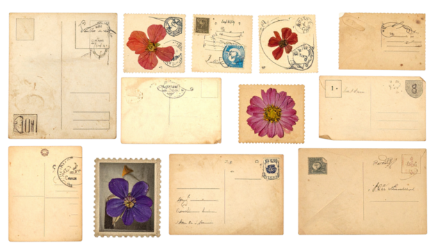 Collage of Antique Postcards, Stamps, and Pressed Flowers Isolated on Transparent Background