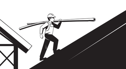 A construction worker carries wooden beams up a roof, symbolizing hard work, building, and the process of home construction in a black and white illustration.