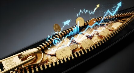 Gold coins emerging from zipper with financial growth chart and bull market concept.