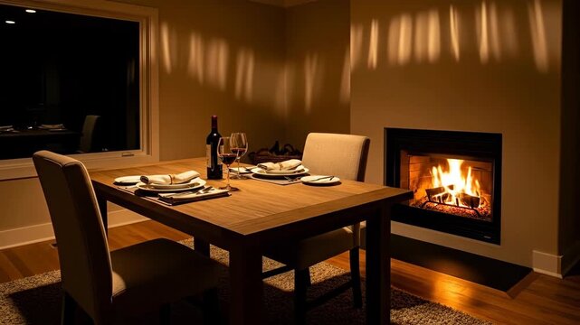 A cozy dining setting inside, with a dining table set for a romantic dinner. 