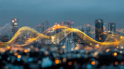 Abstract Data Streams Illuminated in City Skyline at Dusk With Luminous Lines and Motion Blur Effects