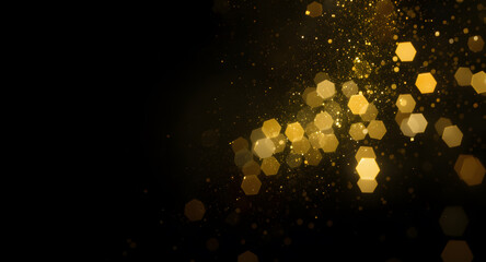 Elegant golden bokeh lights shimmer against a dark background, creating a luxurious and festive abstract design perfect for celebrations, holidays, or elegant event themes.
