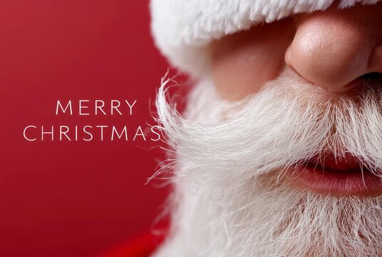 Footage of Santa Claus portrait with Whitebeard with a grin, vibrant red background with greetings words Merry Christmas, modern holiday Xmas
