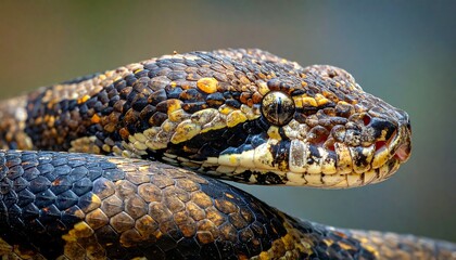 Close-up of a reptile with patterned skin, observing its surroundings