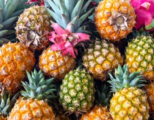 Close-up view of multiple ripe pineapples with spiky green crowns
