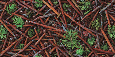 Fototapeta premium Natural seamless pattern of twigs and pine needles on forest floor