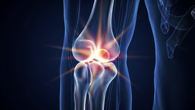 Animated Knee Joint with Pain Indication and Transparent Leg Anatomy on Dark Blue Background