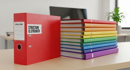 A colorful stack of business files in a bright office environment