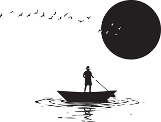 Man on Boat Silhouette with Big Sun and Water Reflection
Minimalist Boat and Sunset Silhouette Vector Design
Fisherman in Boat Under the Sun Silhouette Art