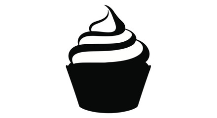 Simple black silhouette of a frosted cupcake on a white background