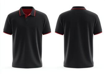 black polo shirt with red collar mockup template, front and back view isolated on a white background. vector illustration design, close-up shot, 4k resolution, ultra-realism, high detail