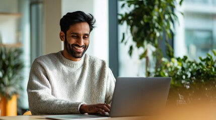 Smiling indian business man working on laptop at home office. Young indian student or remote teacher using computer remote studying, virtual training, watching online education webinar at home office
