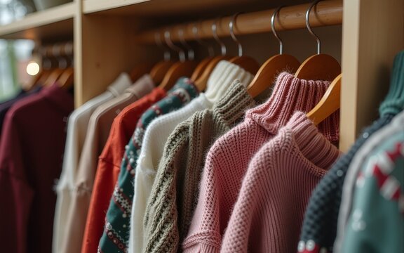 Donating warm knitted clothes, second-hand sweaters for comfort at a thrift shop, in the hygge style. High quality