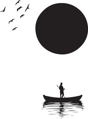 Man on Boat Silhouette with Big Sun and Water Reflection
Minimalist Boat and Sunset Silhouette Vector Design
Fisherman in Boat Under the Sun Silhouette Art