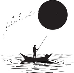 Man on Boat Silhouette with Big Sun and Water Reflection
Minimalist Boat and Sunset Silhouette Vector Design
Fisherman in Boat Under the Sun Silhouette Art