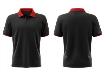 black polo shirt with red collar mockup template, front and back view isolated on a white background. vector illustration design, close-up shot, 4k resolution, ultra-realism, high detail