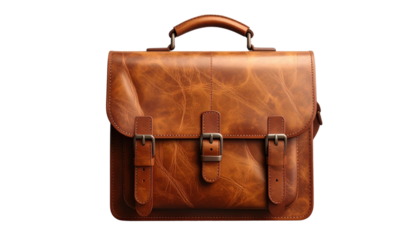 Classic Brown Vintage Leather Satchel or Briefcase Isolated on Transparent Background