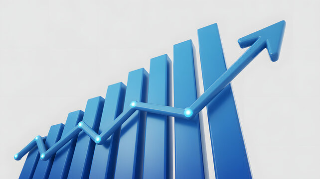 3d bar chart with an upward trending arrow and line, symbolizing business growth and financial success