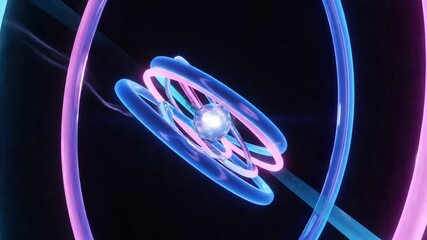 Dynamic neon rings swirling around a central light create a modern, abstract video background, perfect for tech and innovation themes