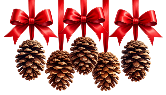 Hanging Pinecones with Shiny Red Ribbons and Bows Isolated on Transparent Background