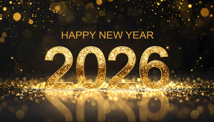 The text HAPPY NEW YEAR is centered above large, golden 2026 numbers, with the number 0 replaced by an antique clock face with Roman numerals.