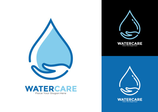 Water care vector logo template. Abstract monoline design of a hand supporting a drop, symbolizing water conservation, purity, protection, and environmental sustainability.