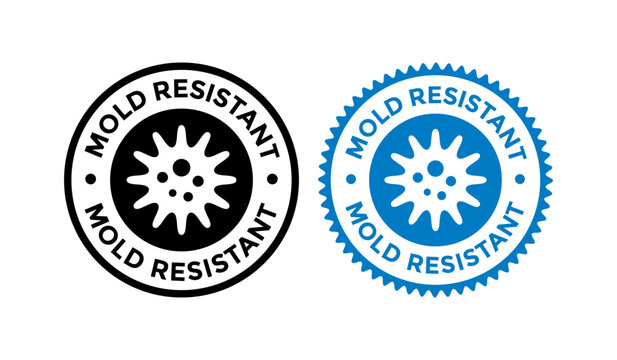 Circular mold resistant label vector. Blue and black stamp for building materials, paints, and products requiring germ and microbial protection. Quality guarantee symbol