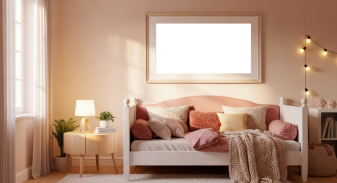 Cozy Bedroom Interior With Daybed Filled With Pillows And Blanket Warm Sunlight Streaming Through Window