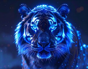 Close-up of a spectral tiger with luminescent blue fur and eyes