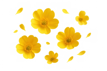 Yellow buttercup flowers and falling petals on transparent background illustrating spring, nature, growth, and beauty