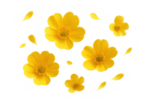Yellow buttercup flowers and falling petals on transparent background illustrating spring, nature, growth, and beauty